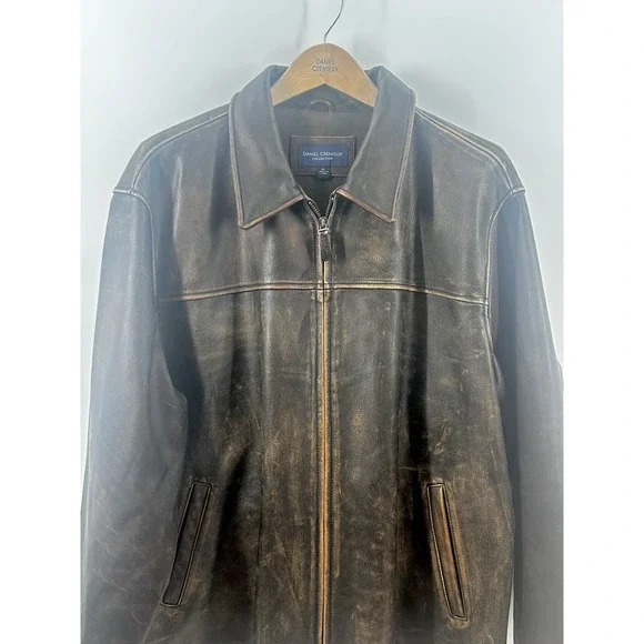 VTG 80's Daniel Cremieux Mens Sz XL Aged Leather Bomber Brown Burnished Jacket - Picture 9 of 16